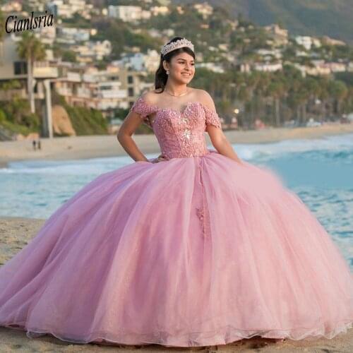 Pink Sparkly Off The Shoulder Ball Gown Quinceanera Dresses Shiny Beading Crystal Appliques Sweet 16 Dress Vestido De 15 Anos