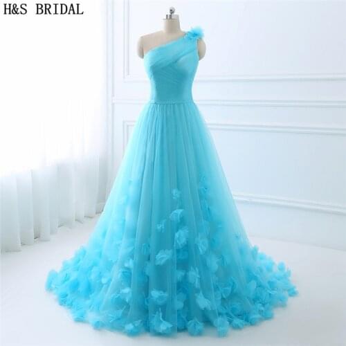 H&S BRIDAL One Shoulder Tulle Sky Blue prom dresses 2017 Organza Flower Prom Gown robe de soiree Long casamento party dresses
