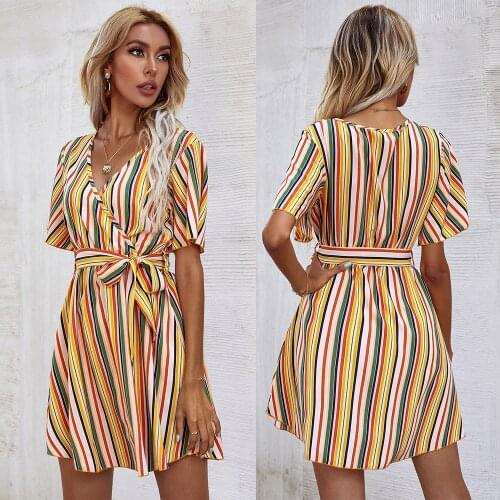 Fashion Women Summer Multi Striped Print A-Line Dress Patchwork Design Bandage Decor V-Neck Short Sleeve Mid Waist Slim Dresses