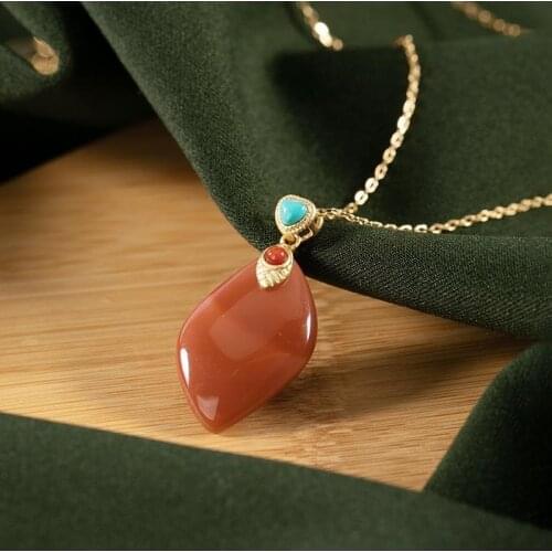 Antique Style S925 Sterling Silver Gold-Plated Tibetan Style Natural South Red Agate Personalized Leaves High-End Womens Exquis