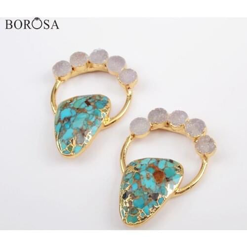 BOROSA 5Pcs Handmade Natural Drusy Turquoises Pendants Gild Natural Agates Druzy & Copper Turquoises Charm Boho Necklace G1834