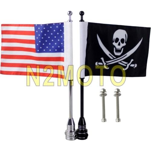 Black/Chrome Motorcycle Skull USA Flag Rear Side Mount Pole for Harley Chopper Cafe Racer