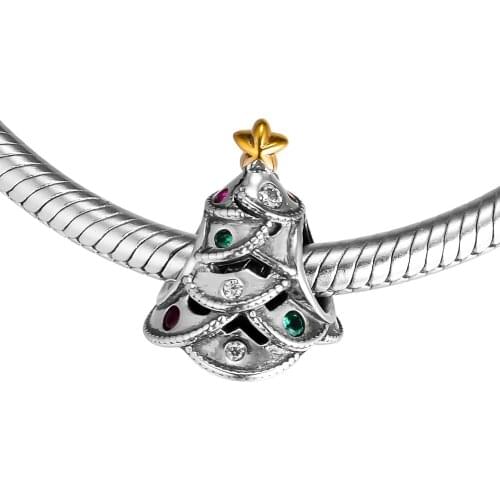 DIY Fits for Pandora Bracelets 925 Sterling-Silver-Jewelry Festive Tree Beads with Multi Color Cubic Zirconia and 14k Real Gold