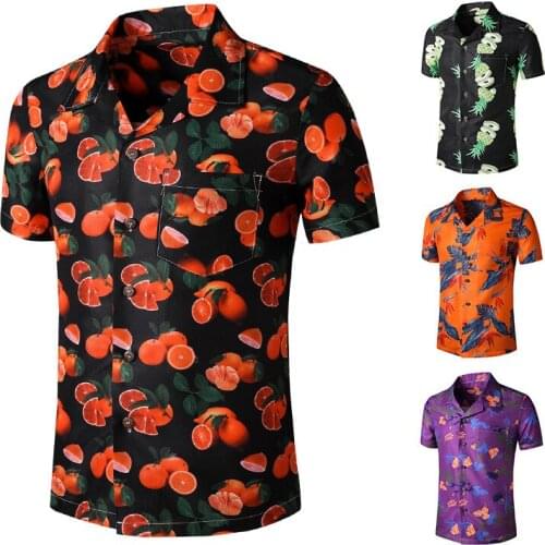 Mens Short Sleeved Shirt Printed Turn Down Collar Loose Beach Hawaiian Cardigan Shirt Casual Single-Breasted Slim Type Tops