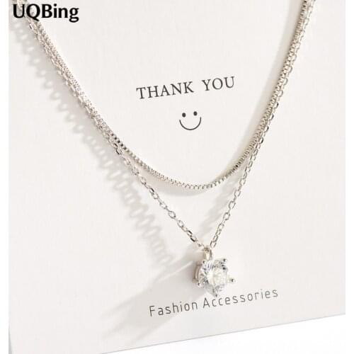 Korea 925 Silver Rhinestone Pendant Necklaces 925 Sterling Silver Double Chain Necklaces Jewelry Collar Colar