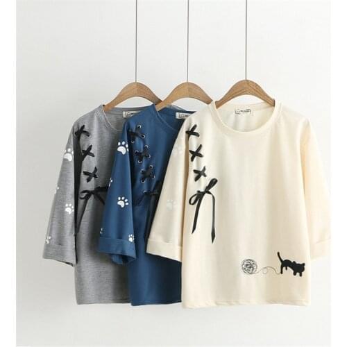 Summer Japanese Kawaii Women T Shirt Mori Girl Cute Embroidery Cat Bandage Cross Bow Female Tee Tops Casual Street Wear T-shirts