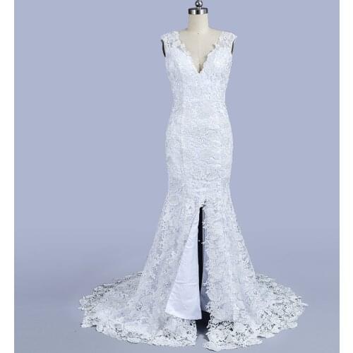 Fashion Lace Mermaid Wedding Dresses Sleeveless V Neck Bridal Party Dress High Slit Beach Wedding gown New Arrival