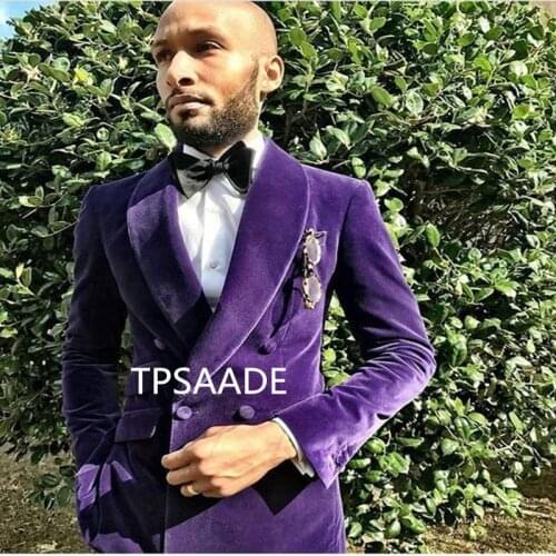 Purple Velvet Shawl Collar Men Suit Handsome Double Breasted Jacket 2020 Tuxedo For Party New Style Suits (Jacket+Pants+Bow Tie)