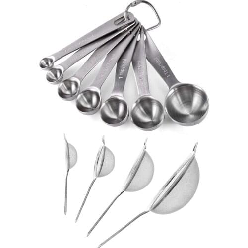 7x Stainless Steel Measuring Spoons & 4Pcs Colander Strainer Colander Strainer Set 7/12/16/22 cm Made of Stainless Steel