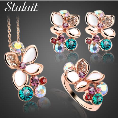 Fashion Multi Color Flower Crystal Rhinestone Gold Color Pendant Necklace/Earring/Ring Bridal Jewelry Set For Women Wedding