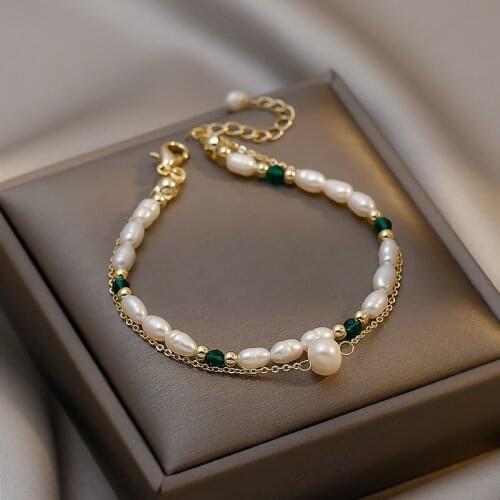 French Retro Romantic Double Pearl Metal Gold Bracelet For Woman 2021 New Fashion Jewelry Party Unusual Green Crystal Bracelet