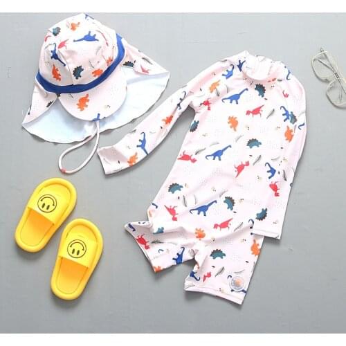 Boy Swimsuit UV Long Sleeve One Piece with Cap Childrens Swimwear Bathing Baby Toddler Beachwear Kids Swim Suit Child Swimsuit