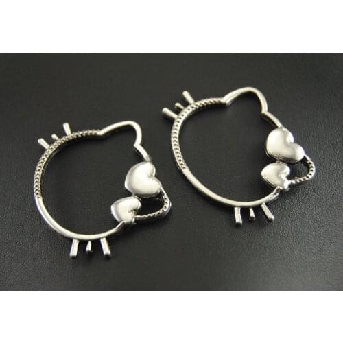 5 Pcs Silver Color Kitty Cat Charm Connectors Jewelry Making DIY Handmade Craft 45x35mm A347