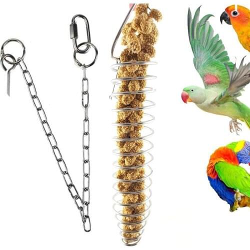 New Portable Stainless Steel Hanging Spiral Feeder Birds Parrot Pet Food Fruit Holder Climb Play Toy