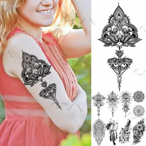 Mandala Lotus Pendant Temporary Tattoos For Women Women Fake Dream Catcher Feather Snake Tattoo Sticker Water Transfer Tatoos 3D