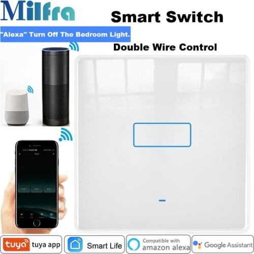 Milfra Smart Light Switch Neutral Wire Required Voice Touch Phone Control Glass EU 86mm Wifi Switch for Assistant Alexa Tuya App