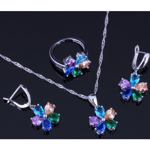 Gleaming Flower Multigem Multicolor Cubic Zirconia Silver Plated Jewelry Sets Earrings Pendant Chain Ring V0256