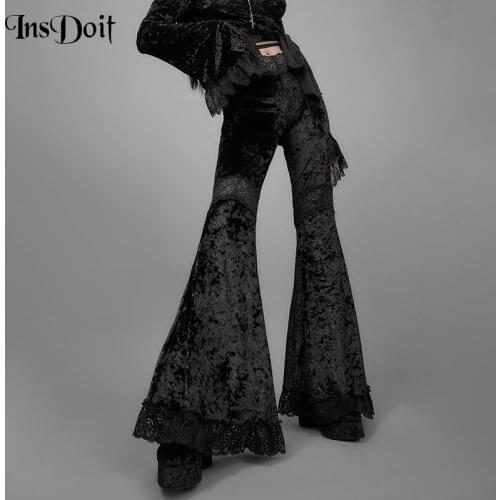 InsDoit Goth Velvet Black Pants Women Mall Goth Lace Hollow Out Trousers Streetwear Spring Harajuku Sexy High Waist Flare Pants