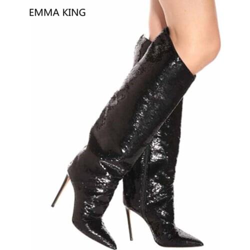 Glitter Bling Womens Winter Boots Pointed Toe Party Shoes Sequin Black Long Knight Boots Sexy High Heels Woman Knee High Boots