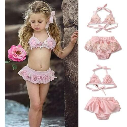 1-6Y Toddler Infant Kid Baby Girl Bikini Sets Belt Flowers Bandage Pink Tankini Swimwear Swimsuit Bikini Beachwear