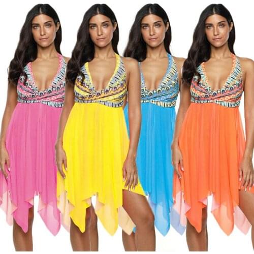 Women Swimsuit Two-Piece Suits Swimming Costume Tankini Swimwear Dress Beachwear V Neck Summer Backless Print Irregular 2020