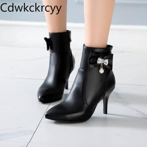 Winter The New fashion Pointed Fine heel Martin boots sweet Rhinestone Bow Plus velvet Keep warm High heel Women boots 34-46