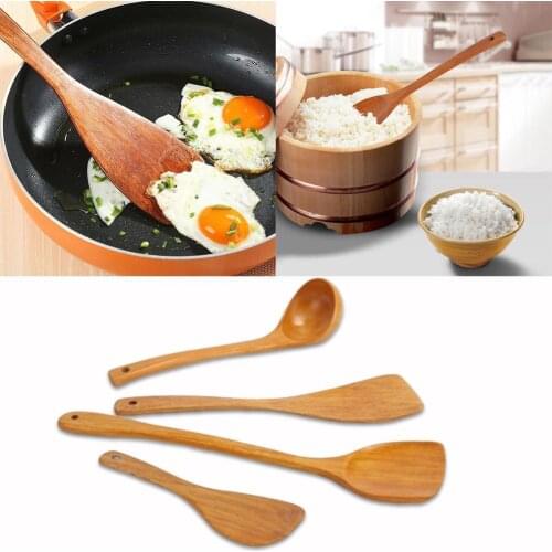 4pcs Handhold Soft Nonstick Kitchen Utensil Spoon Set Cooking Set Paddle Wooden Spatula Hanging Dining Tableware B9Z9