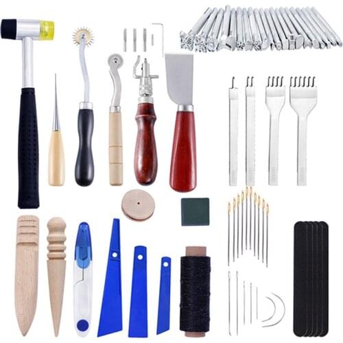 46 Pcs Leather Craft Tools Punch Carving Hand Stitching with Groover Awl Edge Creaser Mat Tools for DIY Leather Working