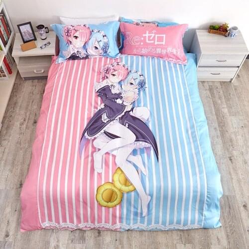 Anime Cartoon Re:Zero kara Hajimeru Isekai Seikatsu Quilt Cover Bedding Set With Pillow Cases Bed Sheet Duvet Cover Set 4pc No.9