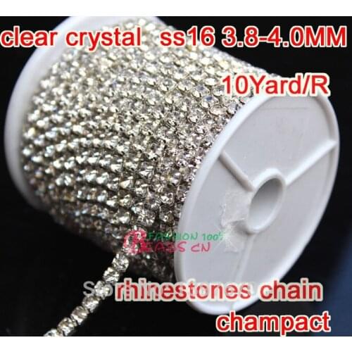 New Rhinestone Trim Promotion 1 Row 4mm Ss16 clear Rhinestones Chain 10 Yards/lot silver Metal compact base for Wedding Dress