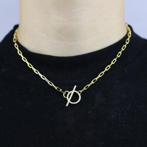 16" 18" Gold Color Paper Clip Chain Collar Fashion Women Jewelry Micro Pave CZ Toggle Clasp Chain Necklace