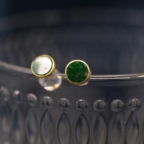 Natural Hetian Jade Green Jade Stud Earrings Full of Green Sterling Silver S925 Gilding Earrings Simple All-Match Simple Elegant