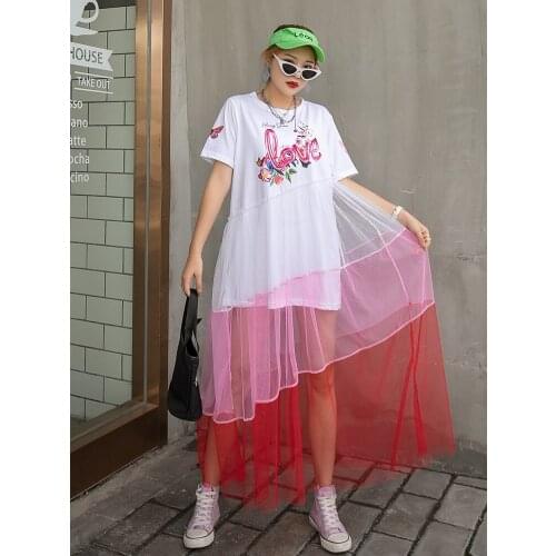 Платье летнее Spliced Mesh Cake Dress Women Plus Size Summer Long Dress Funny Print Short Sleeved T-Shirt Dress 2021 Streetwear