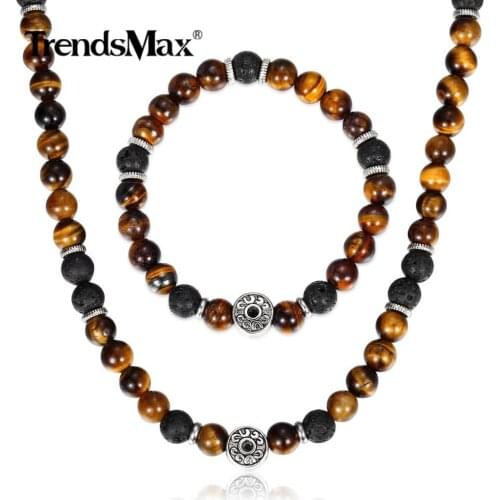 Natural Tiger Eyes stone Bracelets Necklace Set for Men Women Stainless Steel Lava Bead Jewelry Sets Male Gift DS04