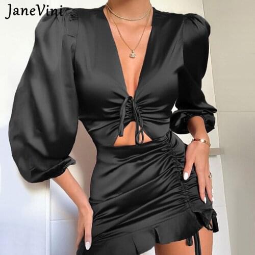 JaneVini 2021 Autumn Fashion Black Women Short Dresses V Neck Long Sleeves Sexy Adjustable Ladies Clubwear Mini Dress Solid Hot