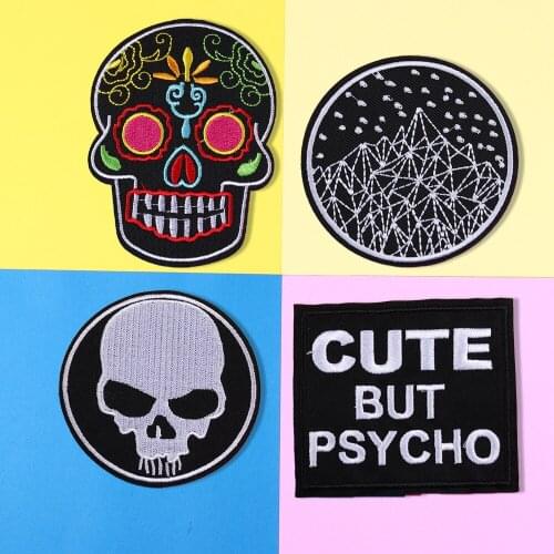 Printed Skull Patches Black The starry sky on the mountain Appliques Iron On Black square letters Clothes Jeans Badges