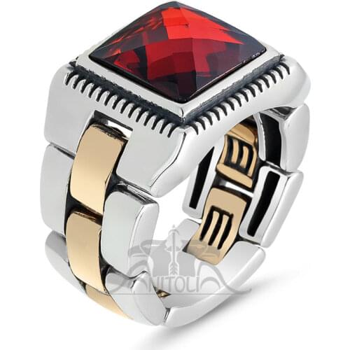 Silver Pinky Mens Garnet Stone Ring with Watchband Motif