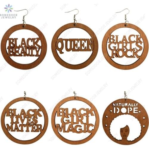 SOMESOOR Big Engraved African Wood Drop Earrings Laser Cutting Words Black Girl Magic Rock Beauty Dangles For Women Gifts 6Pairs