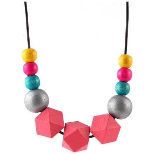 SANSHOOR Rainbow Color Genuine Leather Cord Chunky Bead DIY Necklace Faceted Geometric Necklace 11 Wooden Beads