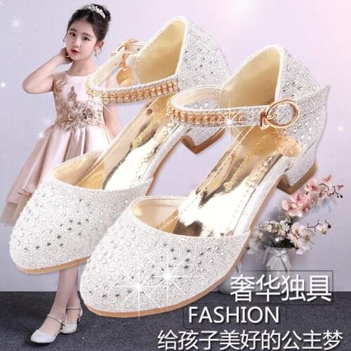 Girls Leather Shoes Princess High Heels Spring Autumn New Little Kids Crystal Banquet Party Childrens Student Performance Shoes