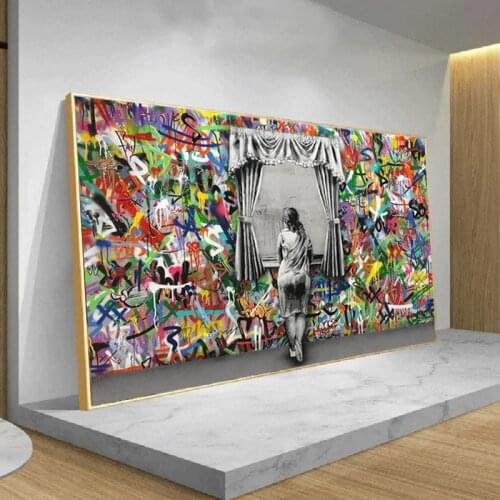 Street Graffiti Art Wall Pictures Banksy Standing on the window Girl Canvas Paintings Women Posters Prints Home Cuadros Decor
