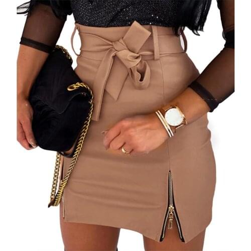 Women Sumemr Sexy Solid Color Faux Leather Zippers High Waist Belt Bodycon Mini Skirt Fashion Ladies Slim Skirts