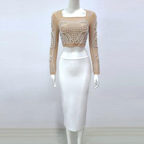 2021 Autumn Fashion Beading Diamonds Elegant Women Two Pieces Skirt Set Sexy Mesh Khaki Long Sleeve Tops & White Midi Jupe F2319