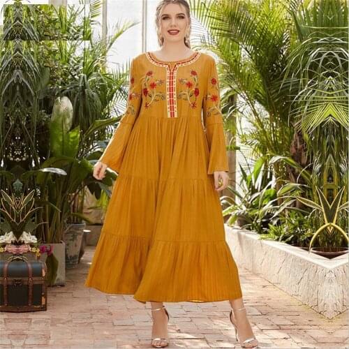 Floral Embroidery Muslim Women Long Dress Loose Ethnic Draped Design O-neck Islamic Abaya Arab Kaftan Maxi Robe Plus Size Turkey