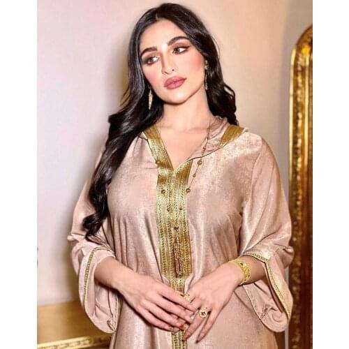 HGTE Dubai Arabic Muslim Abaya Dress for Women Fall 2021 Champagne Moroccan Kaftan Hooded Robe Turkish Islamic Jalabiya