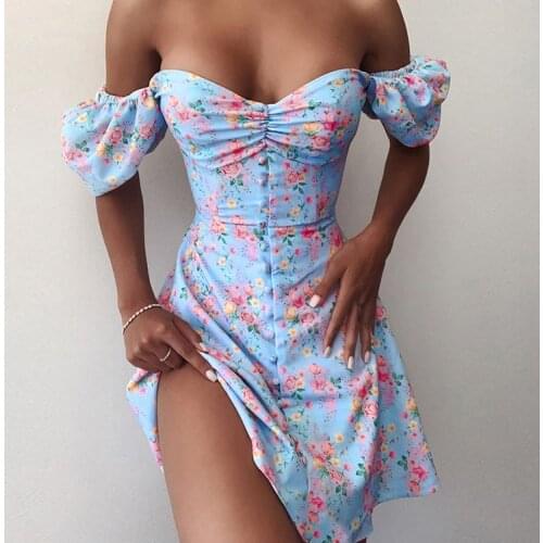 High Quality French Floral Print Dress Sexy Elegant Bodycon Birthday Party Dresses Puff Sleeve Breast Wrap Pleated A-line Dress