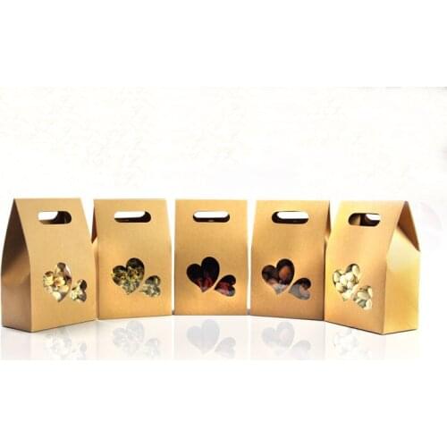 10*15.5*6cm 100pcs Stand Up Heart-shaped Window Kraft Paper Bags Boxes Recyclable Wedding Gift Jewelry Food Package Paper Box