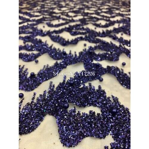 5yards navy blue color glued glitter print african mesh tulle lace with beads for wedding/evening dress/party
