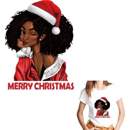 Black Girl Wearing Christmas Hat Thermal Stickers On T-shirt DIY Iron On Transfers For Clothing Pretty Design On Clothes Patches