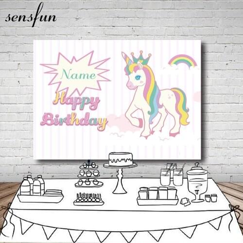 Cartoon Unicorn Happy Birthday Party Photography Backdrop Light Pink Striped Custom Name Backgrounds For Photo Studio 7x5FT